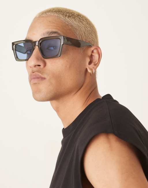 ASOS DESIGN square sunglasses with charcoal crystal frame with beveling detail and blue lens
