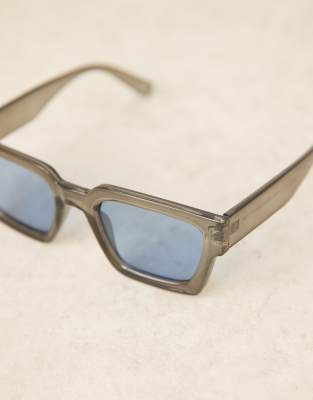 Asos Design Square Sunglasses With Charcoal Crystal Frame With Beveling Detail And Blue Lens-gray