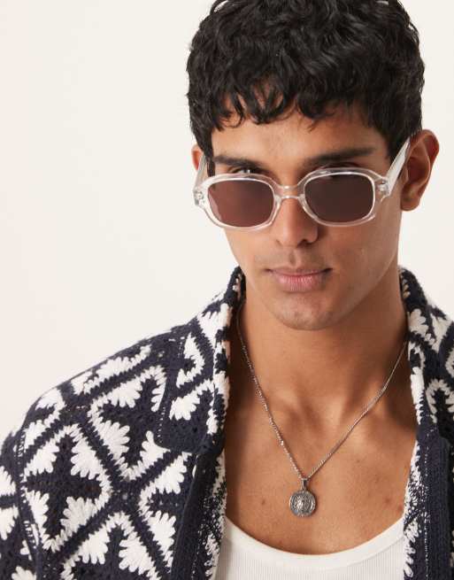 ASOS DESIGN square sunglasses with clear crystal frame and burgundy lens