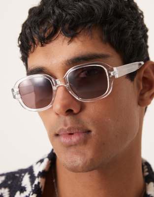 Asos Design Square Sunglasses With Clear Crystal Frame And Burgundy Lens In Clear