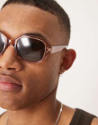 Asos Design Square Sunglasses With Crystal Brown Frame And Solid Brown Lens In Brown