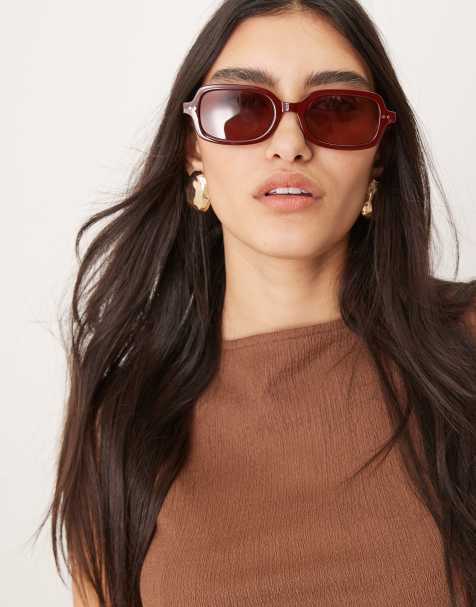 ASOS DESIGN square sunglasses with metal detail in burgundy - view 1