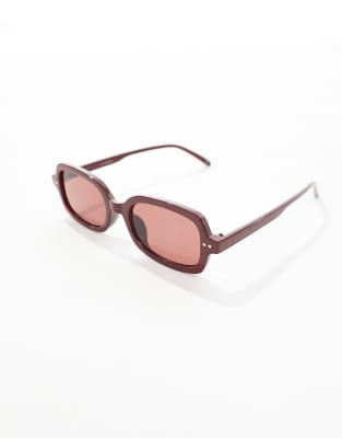 Asos Design Square Sunglasses With Metal Detail In Burgundy