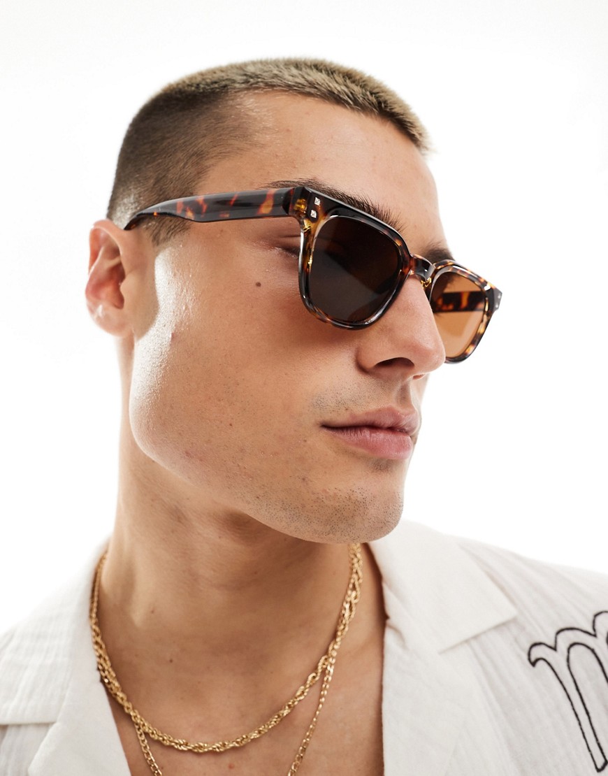 Asos Design Square Sunglasses With Silver Pipettes In Tortoise Shell-brown In Gold