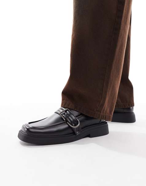 ASOS DESIGN square toe loafers in black with buckle - view 1