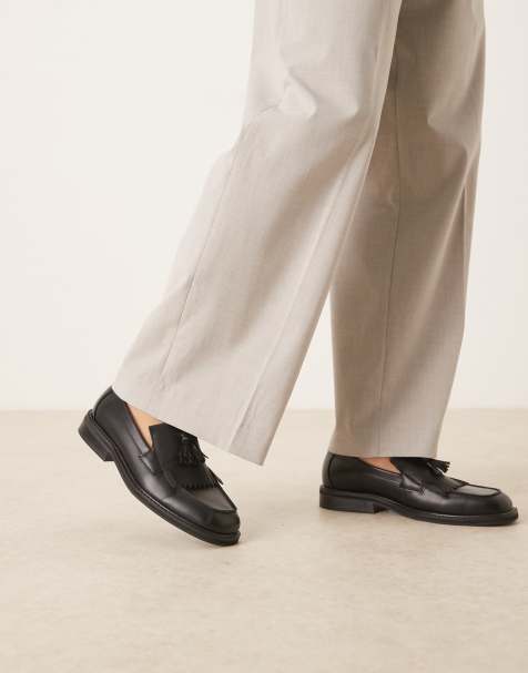 ASOS DESIGN square toe loafers in black with fringe detail - view 1