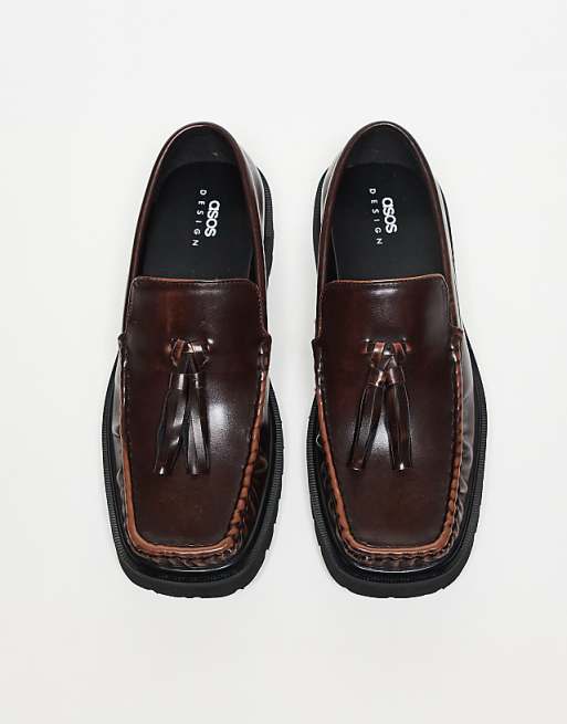 ASOS DESIGN square toe loafers in brown with tassel | ASOS ASOS DESIGN square toe loafers in brown with tassel | ASOS