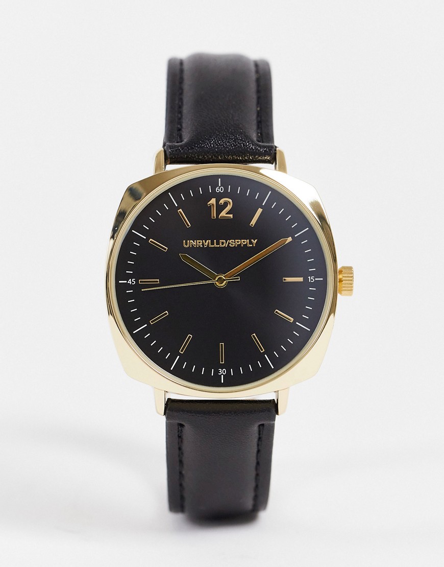 ASOS DESIGN square watch with gold details and faux leather strap in black