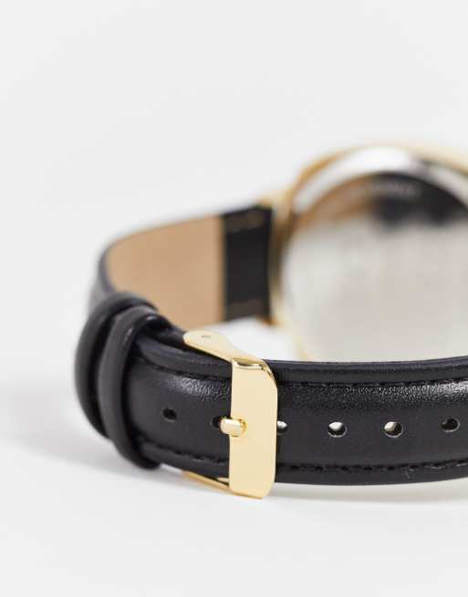 ASOS DESIGN square watch with gold details and faux leather strap in black, 2 of 4