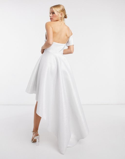 ASOS DESIGN – Srebrna asymetryczna sukienka midi na studniówkę na jedno  ramię z brokatowej siateczki | ASOS