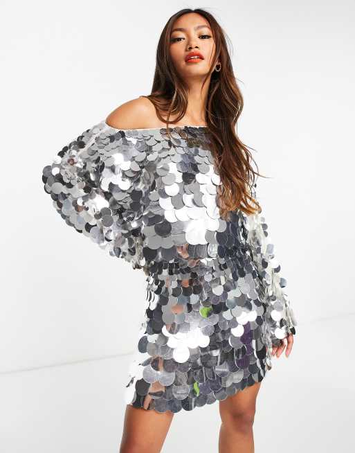 ASOS DESIGN – Srebrna luźna sukienka mini na ramiączkach z dużymi cekinami