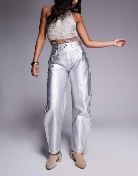 ASOS DESIGN slim barrel jeans in metallic silver
