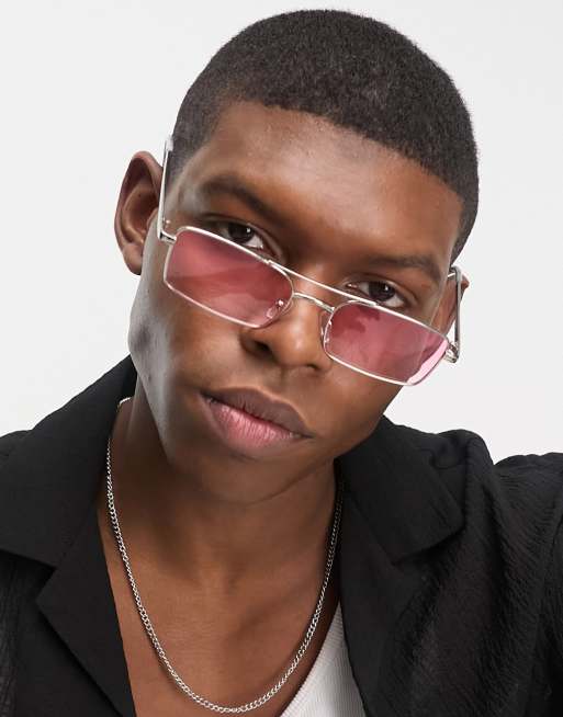 ASOS DESIGN – Srebrno-różowe kulary przeciwsłoneczne typu aviator w stylu lat 90.