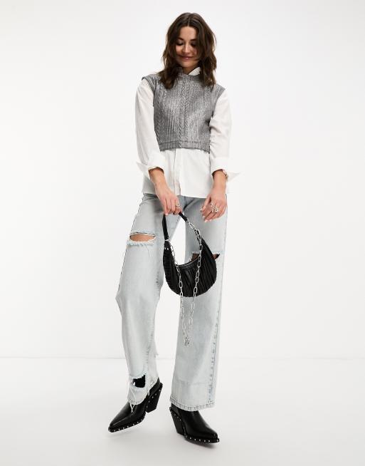 ASOS DESIGN – Srebrny bezrękawnik z dzianiny o warkoczowym splocie