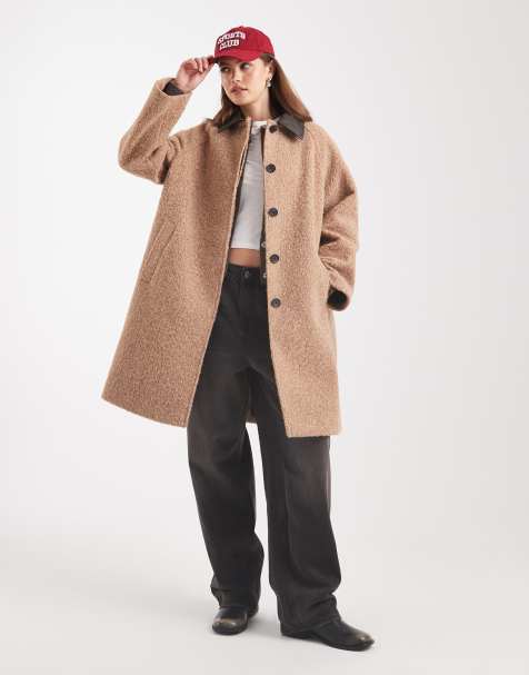 ASOS DESIGN mid length brushed car coat with contrast collar in biscuit
