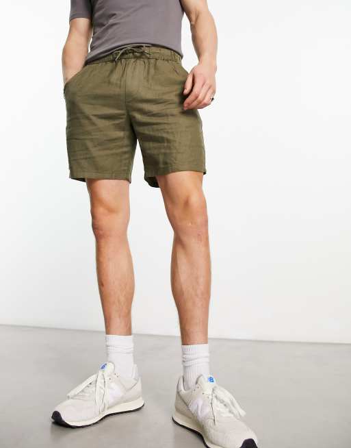 ASOS DESIGN – Średniej długości szorty o dopasowanym kroju z mieszanki lnu w kolorze khaki 