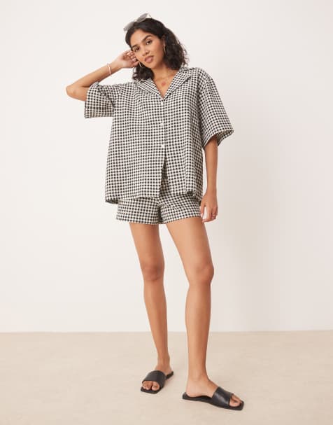 ASOS DESIGN - Sæt med ferieskjorte med krave og shorts med monokrome gingham-tern - view 1