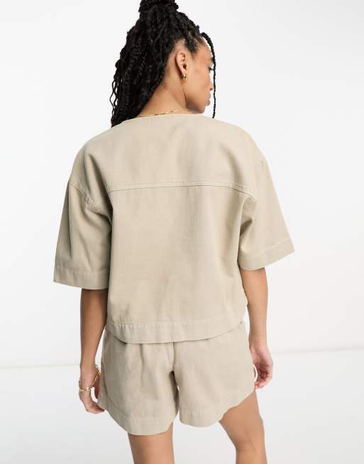 ASOS DESIGN - Sæt med top med bindebånd foran i vasket beige, 2 af 4