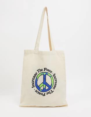 ASOS DESIGN – Stabile Tragetasche in Naturbeige mit <em>Peace</em>-Print