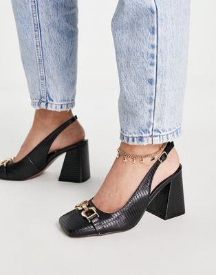 ASOS DESIGN Stable snaffle detail slingback heeled shoes in black | ASOS