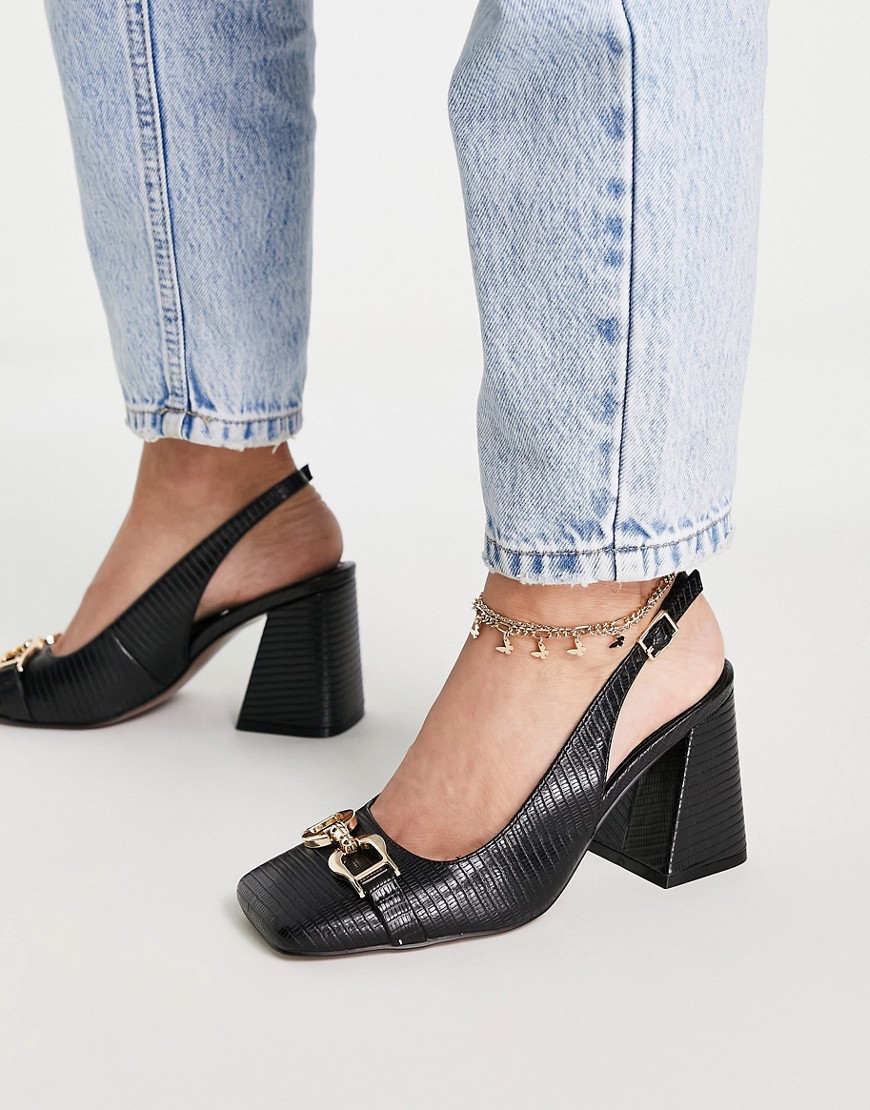 ASOS DESIGN Stable snaffle detail slingback heeled shoes in black