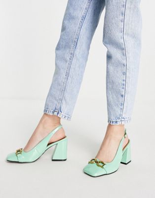 ASOS DESIGN Stable snaffle detail slingback heeled shoes in green | ASOS