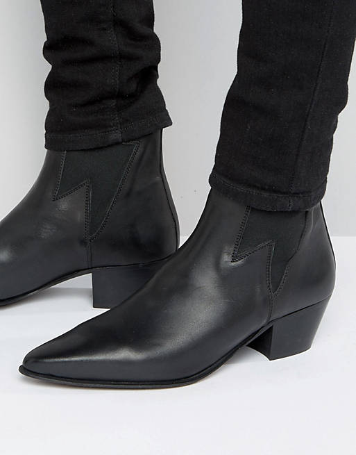 ASOS DESIGN stacked heel western boots in black leather with lightning detail