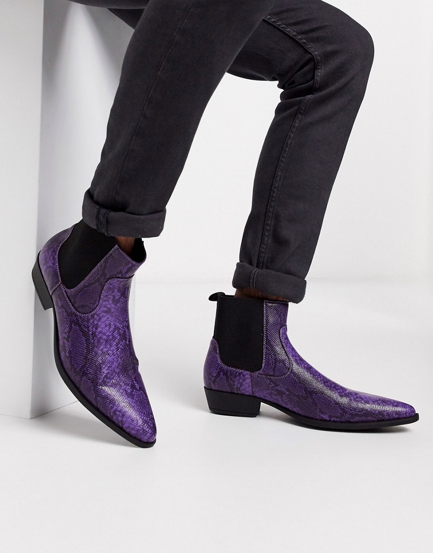 ASOS DESIGN stacked heel western boots in lilac faux leather with snake print-Purple