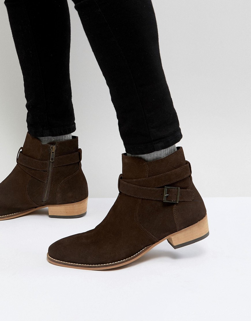 Asos Design Stacked Heel Western Chelsea Boot In Brown Suede With Strapping Detail