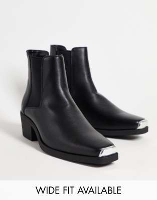 Asos Design Stacked Heel Western Chelsea Boots In Black Faux Leather With Metal Hardware In Black