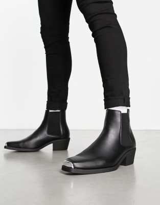 Asos Design Stacked Heel Western Chelsea Boots In Black Faux Leather With Metal Hardware In Black