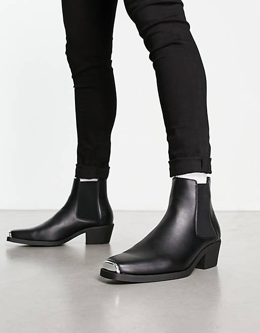 ASOS DESIGN stacked heel western chelsea boots in black faux leather with  metal hardware