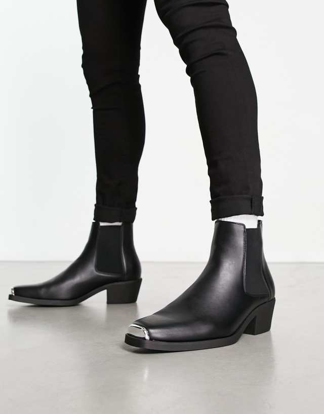 ASOS DESIGN stacked heel western chelsea boots in black faux leather with metal hardware