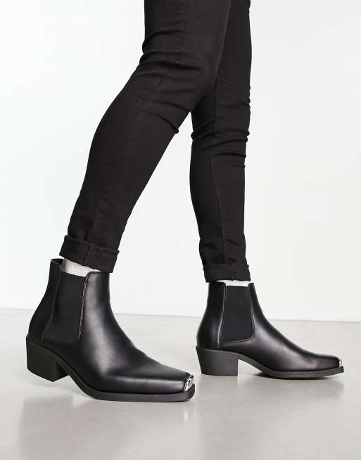 ASOS DESIGN stacked heel western chelsea boots in black faux leather with metal hardware