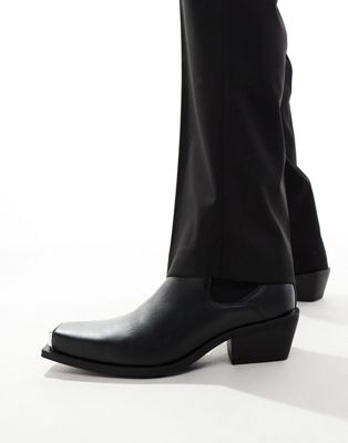Shop Asos Design Cuban Heel Western Chelsea Boots In Black Faux Leather With Silver Toe Cap