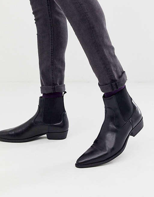 ASOS DESIGN stacked heel western chelsea boots in black faux leather | ASOS