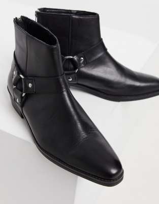 Asos design cuban heel western chelsea boots in black leather 2025 with buckle detail