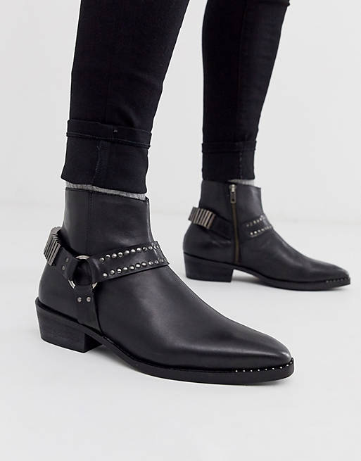 ASOS DESIGN stacked heel western chelsea boots in black leather with studding and hardware detail
