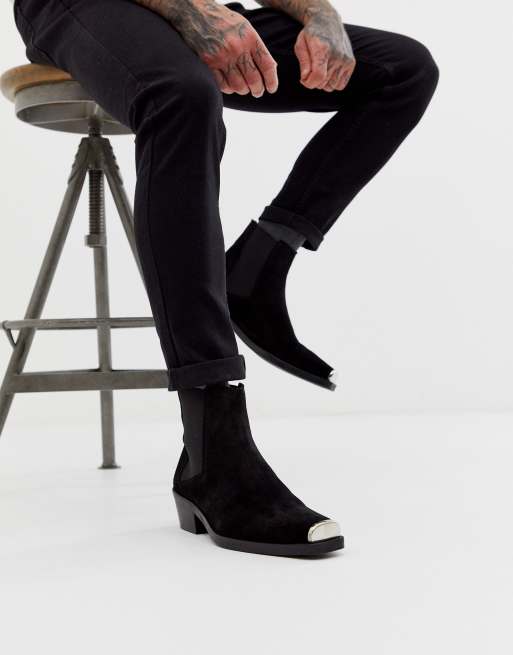 ASOS DESIGN stacked heel western chelsea boots in black suede with metal hardware