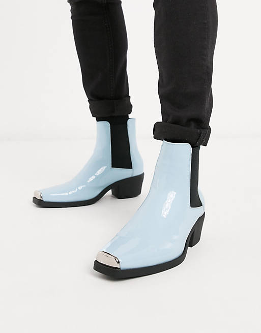 Reaktor kam bro ASOS DESIGN stacked heel western chelsea boots in blue patent with hardware  detail | ASOS