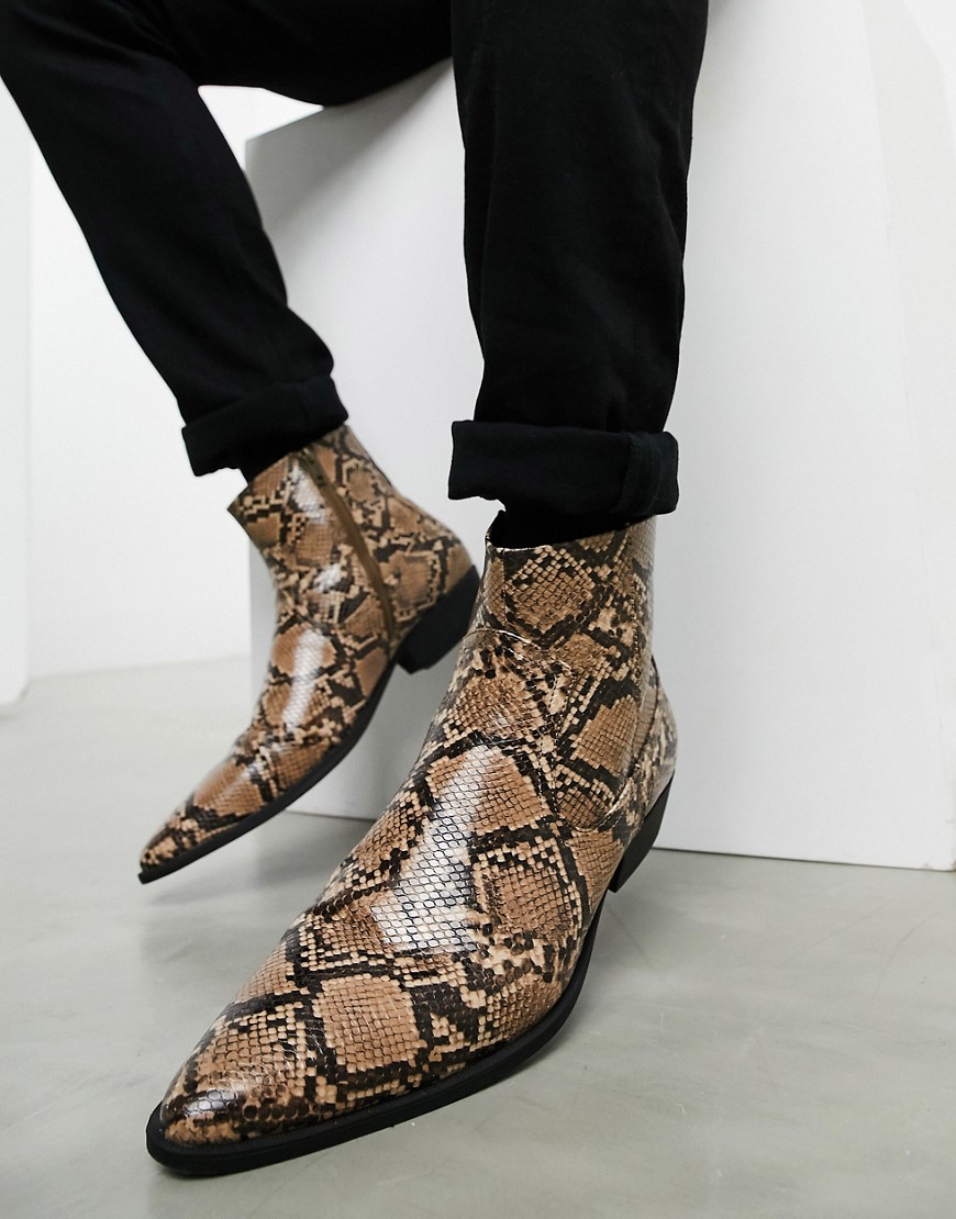 ASOS DESIGN stacked heel western chelsea boots in brown faux leather with snake effect