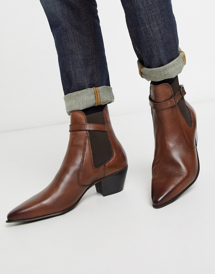 Asos Design Stacked Heel Western Chelsea Boots In Brown Leather With Strap