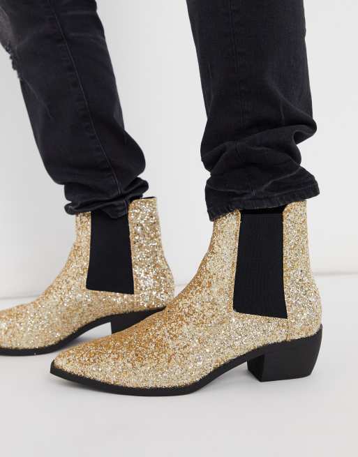 ASOS DESIGN stacked heel western chelsea boots in gold glitter with metal hardware