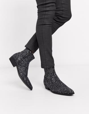 ASOS DESIGN STACKED HEEL WESTERN CHELSEA BOOTS IN SILVER GLITTER