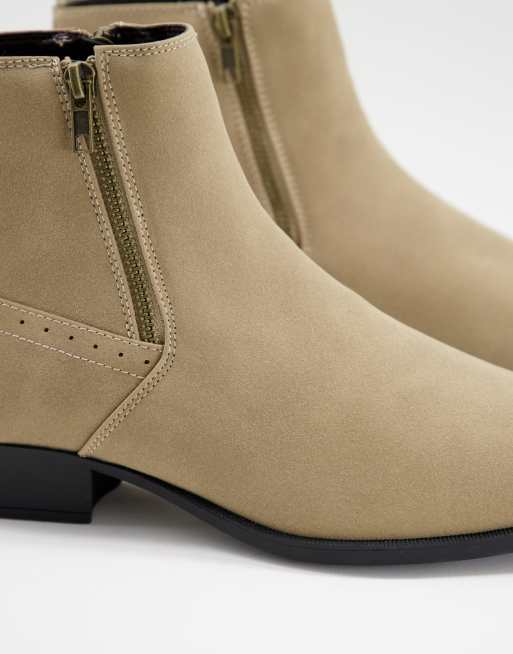 ASOS DESIGN stacked heel western chelsea boots in stone faux suede with zips