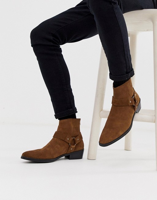 ASOS DESIGN stacked heel western chelsea boots in tan suede with buckle ...