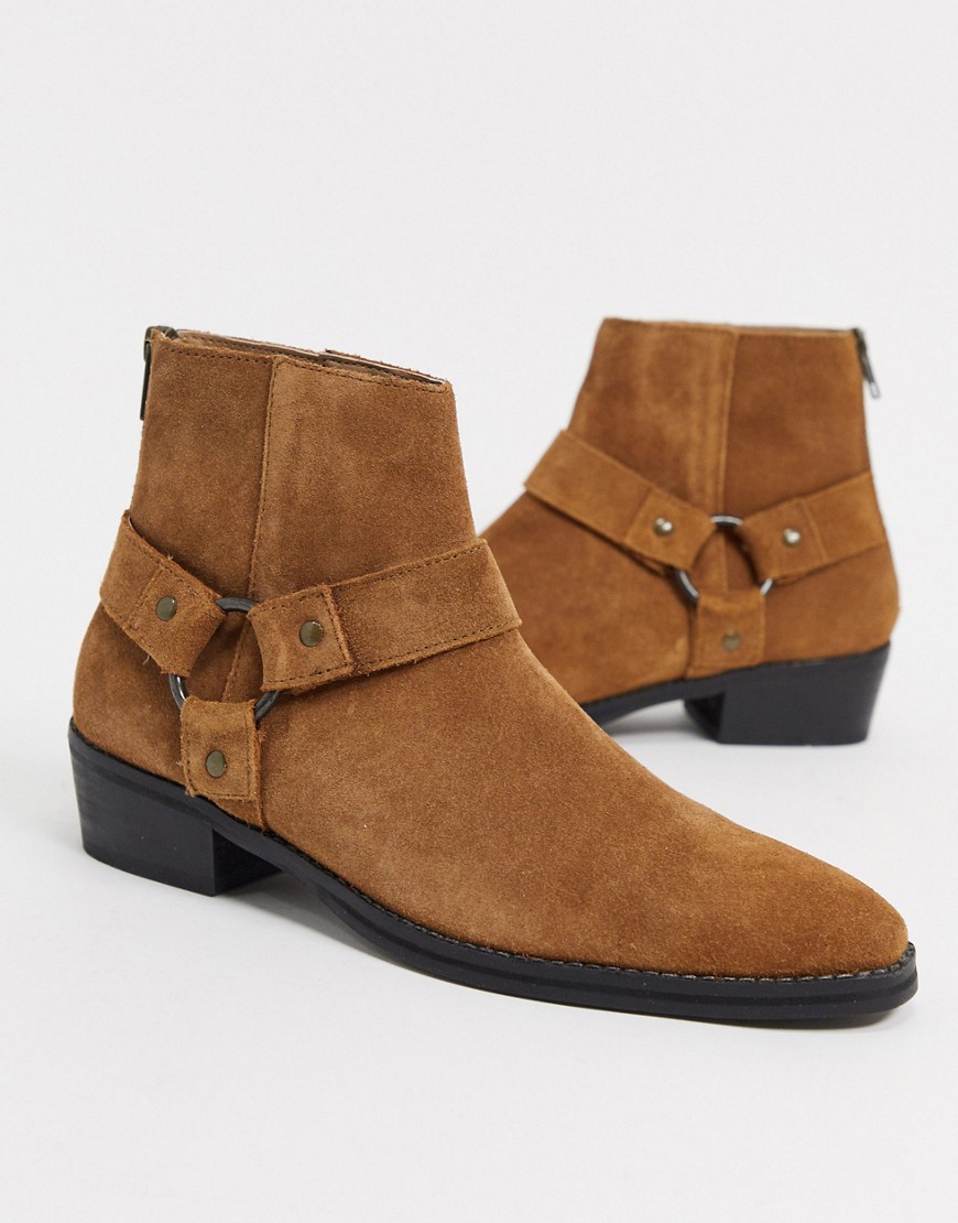 ASOS DESIGN stacked heel western chelsea boots in tan suede with buckle detail-Brown