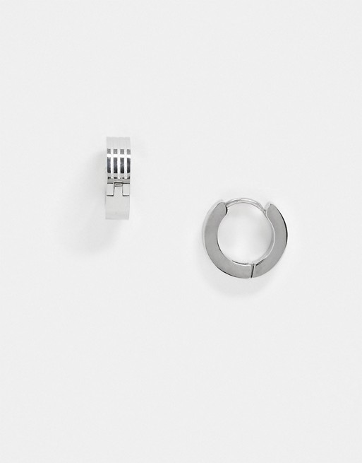 ASOS DESIGN stainless steel 9mm hoop earrings with minimal design  in silver tone