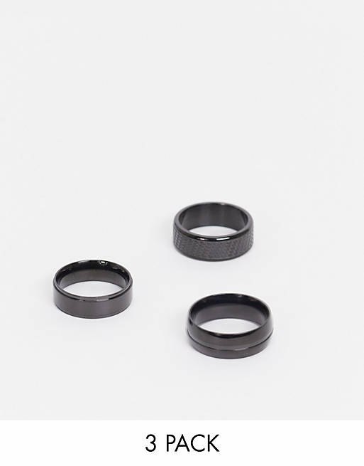 ASOS DESIGN stainless steel band ring 3 pack in black - BLACK