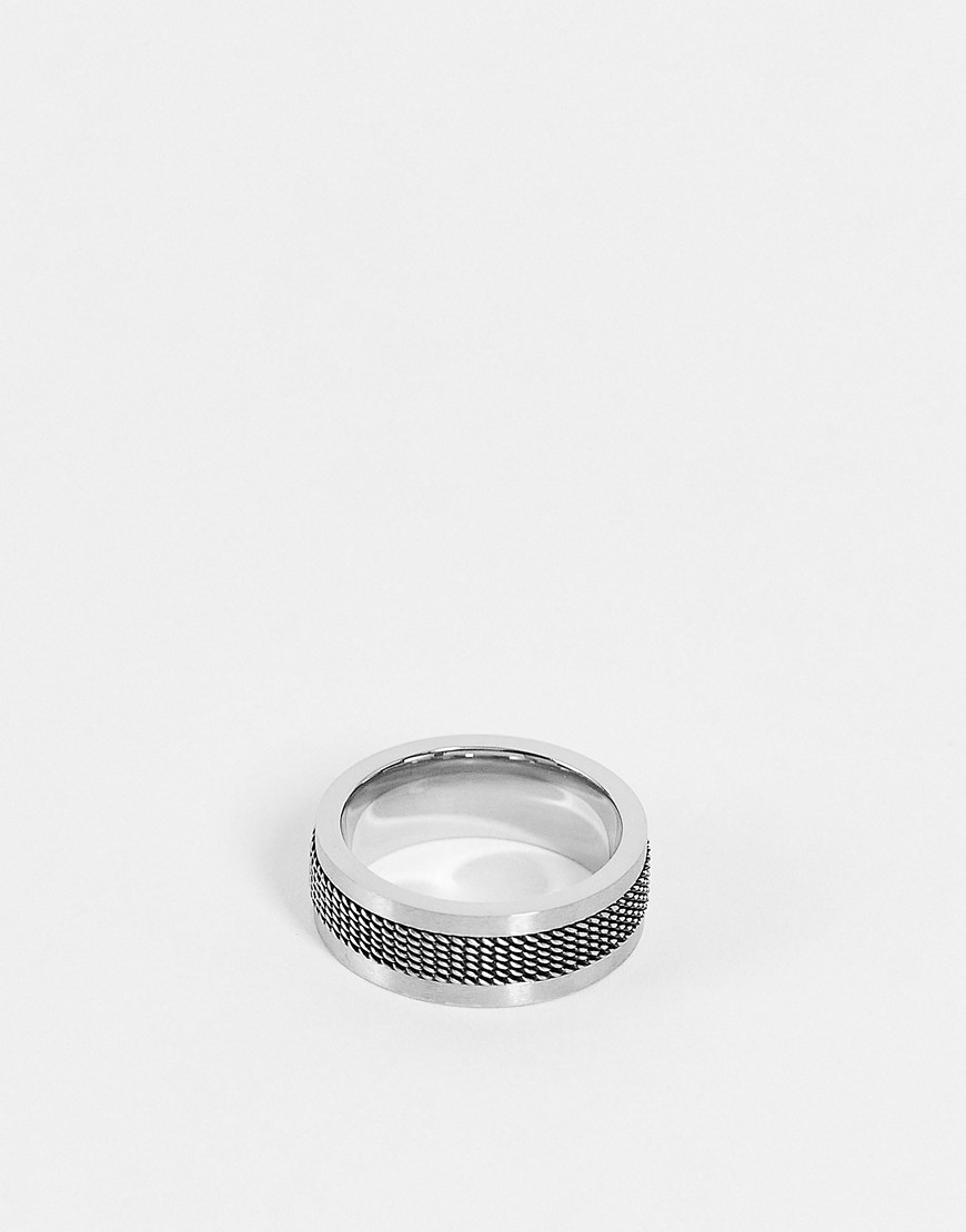 ASOS DESIGN stainless steel band ring with cross hatch emboss in gunmetal-Gray